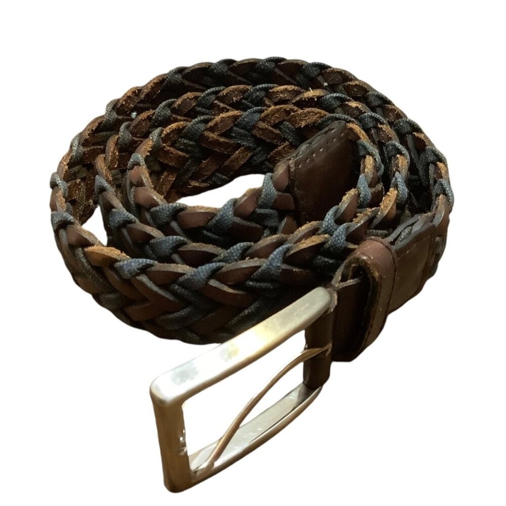 Vtg Braided Leather & Fabric‎ Belt Buckle Brown Blue Men Waist to 39" Adjustable
